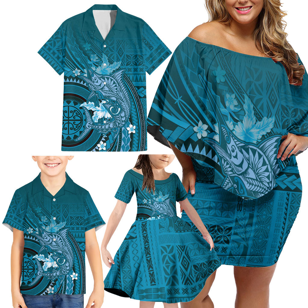 Samoa Tatau Marlin Family Matching Off Shoulder Short Dress and Hawaiian Shirt With Siapo Motifs Teal