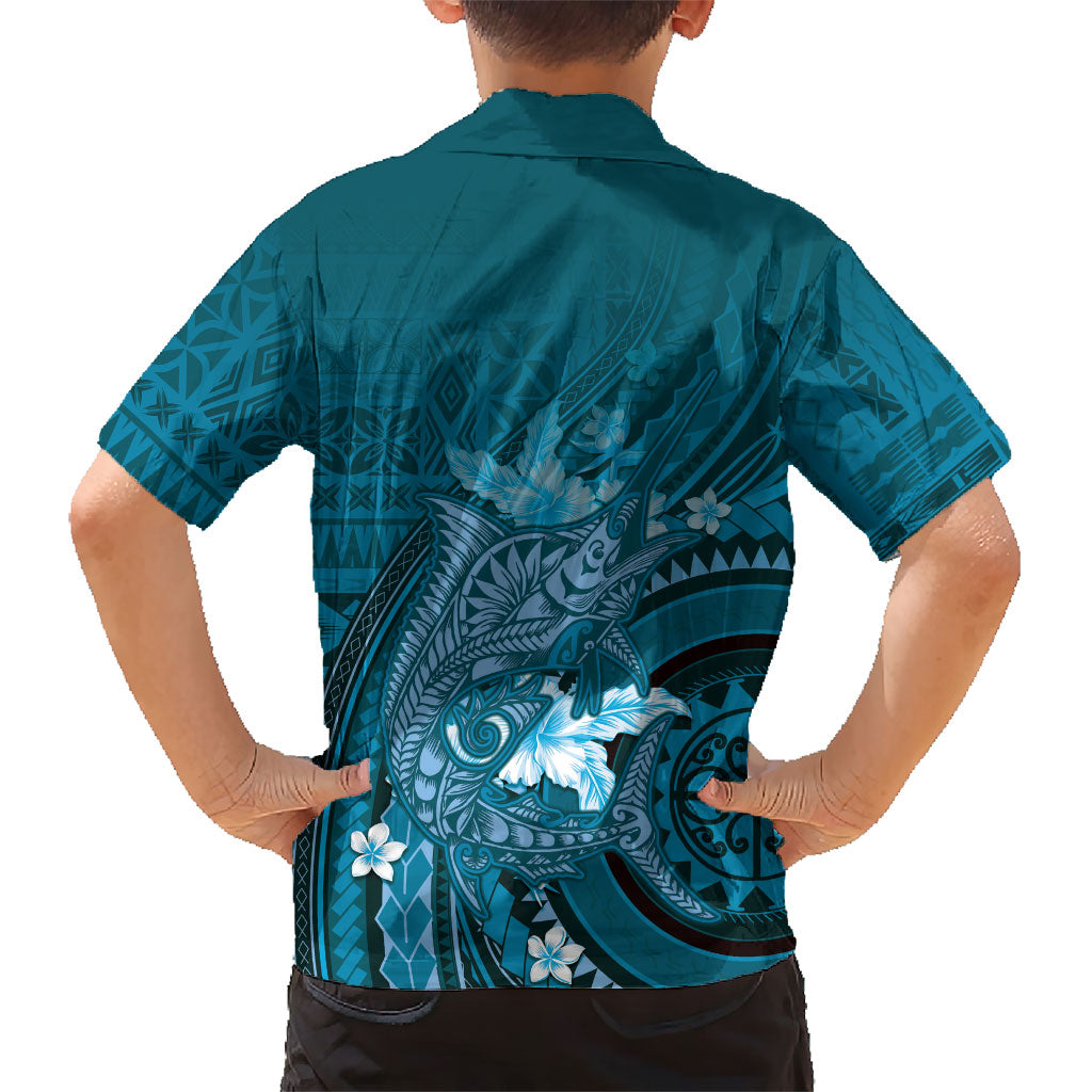 Samoa Tatau Marlin Family Matching Puletasi and Hawaiian Shirt With Siapo Motifs Teal LT05 - Polynesian Pride