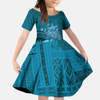 Samoa Tatau Marlin Family Matching Puletasi and Hawaiian Shirt With Siapo Motifs Teal LT05 Daughter's Dress Teal - Polynesian Pride