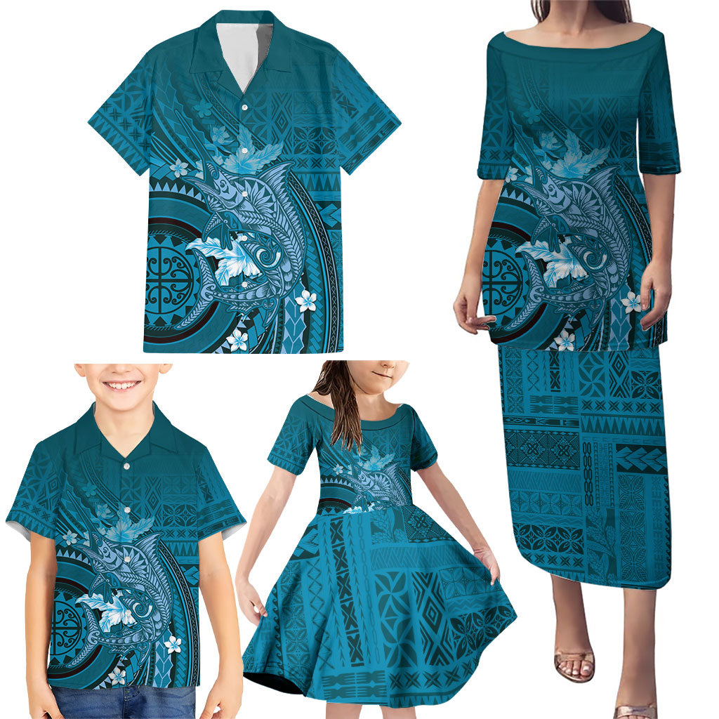 Samoa Tatau Marlin Family Matching Puletasi and Hawaiian Shirt With Siapo Motifs Teal LT05 - Polynesian Pride