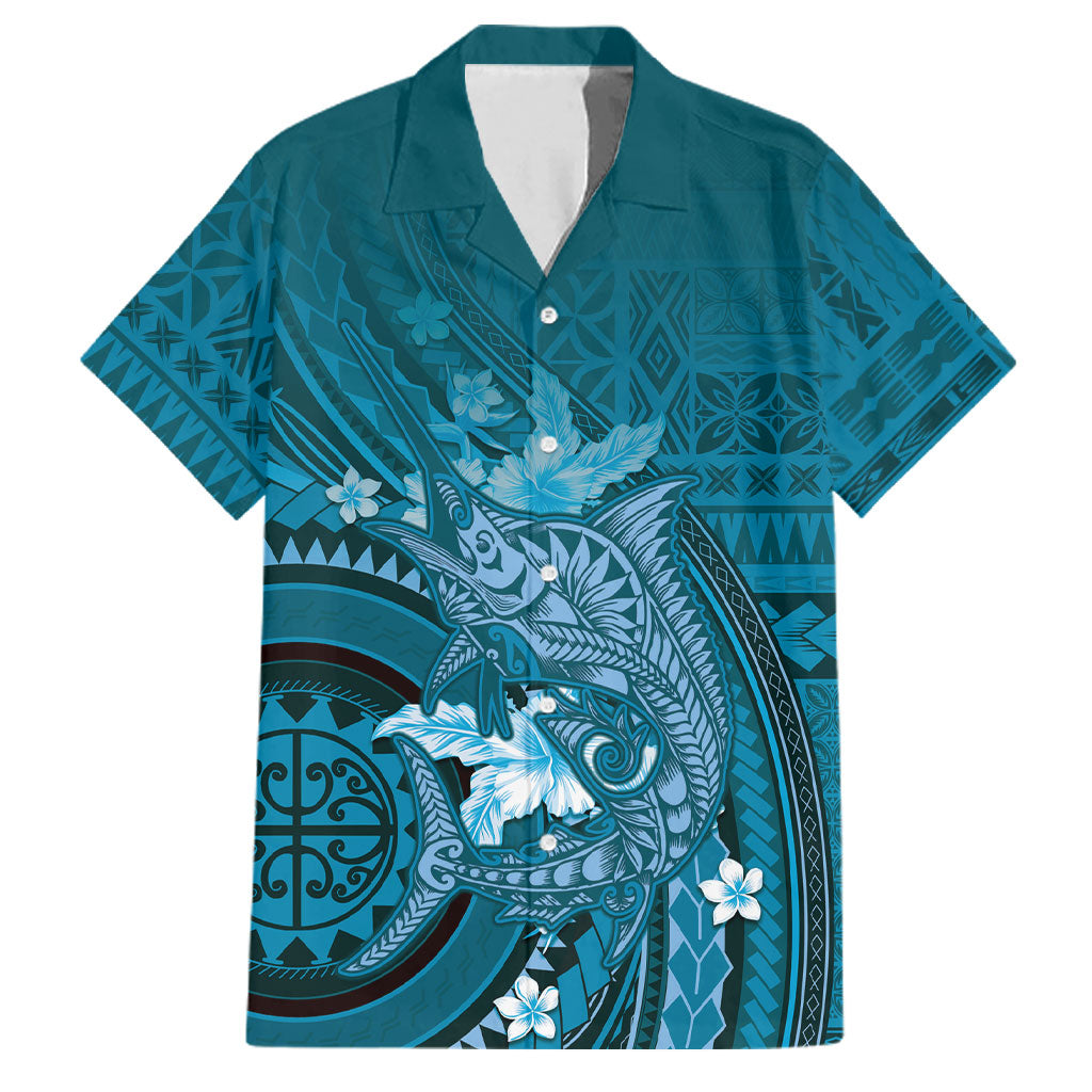 Samoa Tatau Marlin Family Matching Puletasi and Hawaiian Shirt With Siapo Motifs Teal LT05 Dad's Shirt - Short Sleeve Teal - Polynesian Pride