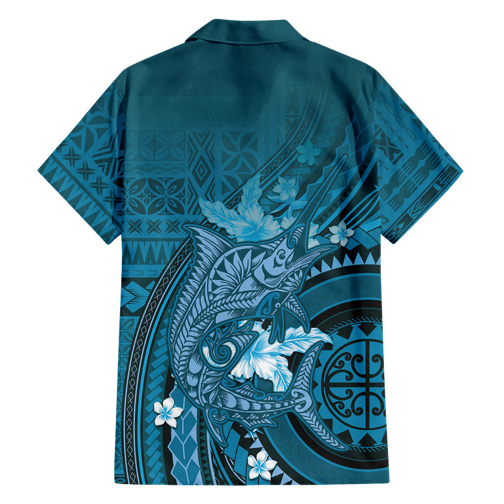 Samoa Tatau Marlin Family Matching Puletasi and Hawaiian Shirt With Siapo Motifs Teal LT05 - Polynesian Pride
