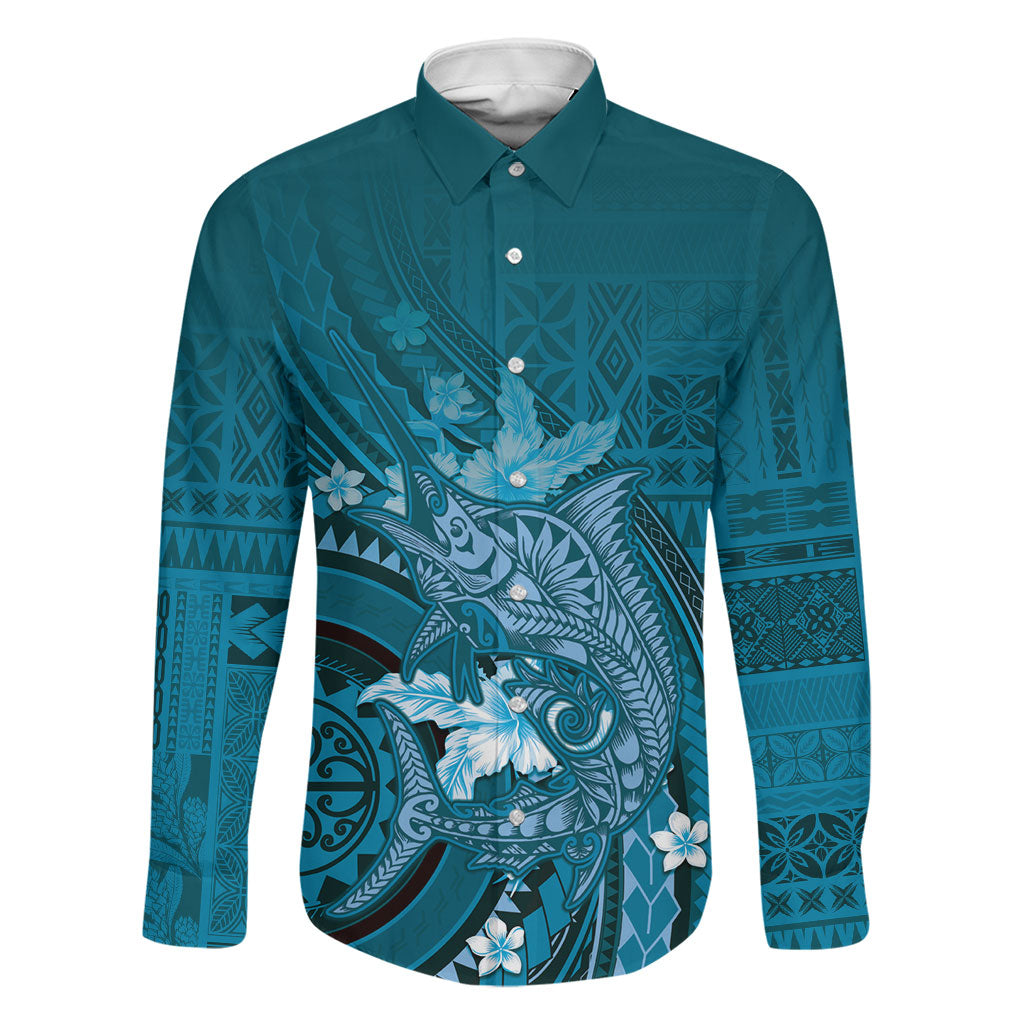 Samoa Tatau Marlin Family Matching Puletasi and Hawaiian Shirt With Siapo Motifs Teal LT05 Dad's Shirt - Long Sleeve Teal - Polynesian Pride