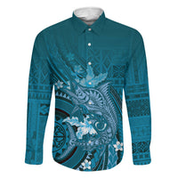 Samoa Tatau Marlin Family Matching Puletasi and Hawaiian Shirt With Siapo Motifs Teal LT05 Dad's Shirt - Long Sleeve Teal - Polynesian Pride