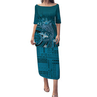 Samoa Tatau Marlin Family Matching Puletasi and Hawaiian Shirt With Siapo Motifs Teal LT05 Mom's Dress Teal - Polynesian Pride
