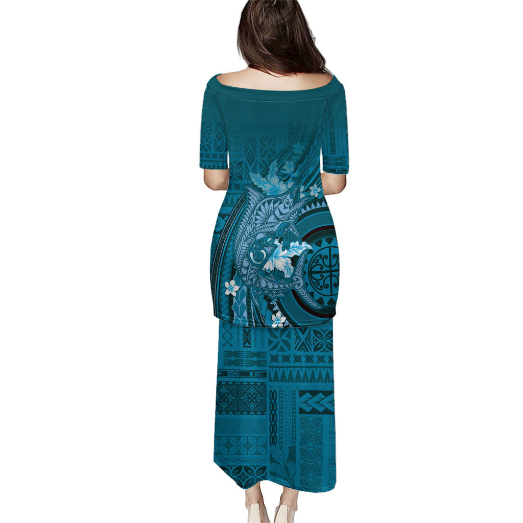 Samoa Tatau Marlin Family Matching Puletasi and Hawaiian Shirt With Siapo Motifs Teal LT05 - Polynesian Pride