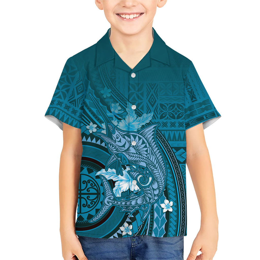 Samoa Tatau Marlin Family Matching Puletasi and Hawaiian Shirt With Siapo Motifs Teal LT05 Son's Shirt Teal - Polynesian Pride