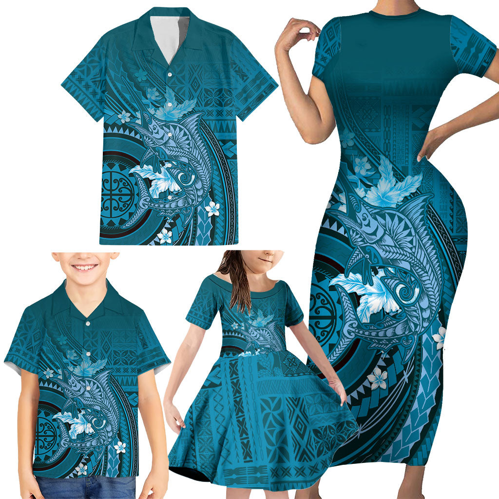 Samoa Tatau Marlin Family Matching Short Sleeve Bodycon Dress and Hawaiian Shirt With Siapo Motifs Teal