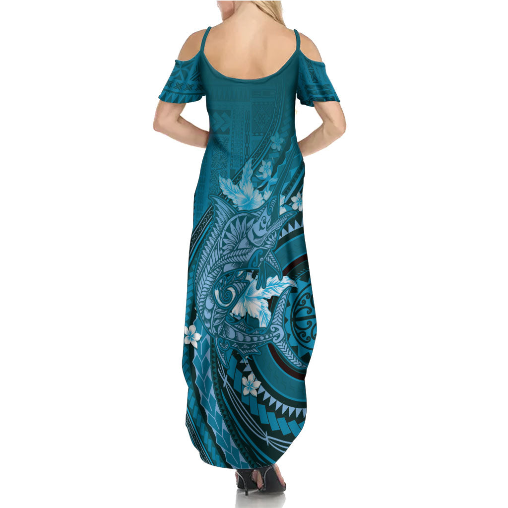 Samoa Tatau Marlin Family Matching Summer Maxi Dress and Hawaiian Shirt With Siapo Motifs Teal