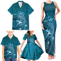 Samoa Tatau Marlin Family Matching Tank Maxi Dress and Hawaiian Shirt With Siapo Motifs Teal