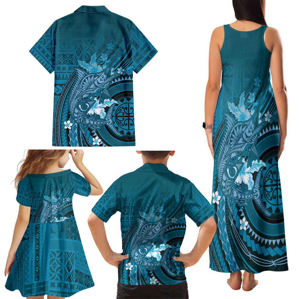 Samoa Tatau Marlin Family Matching Tank Maxi Dress and Hawaiian Shirt With Siapo Motifs Teal