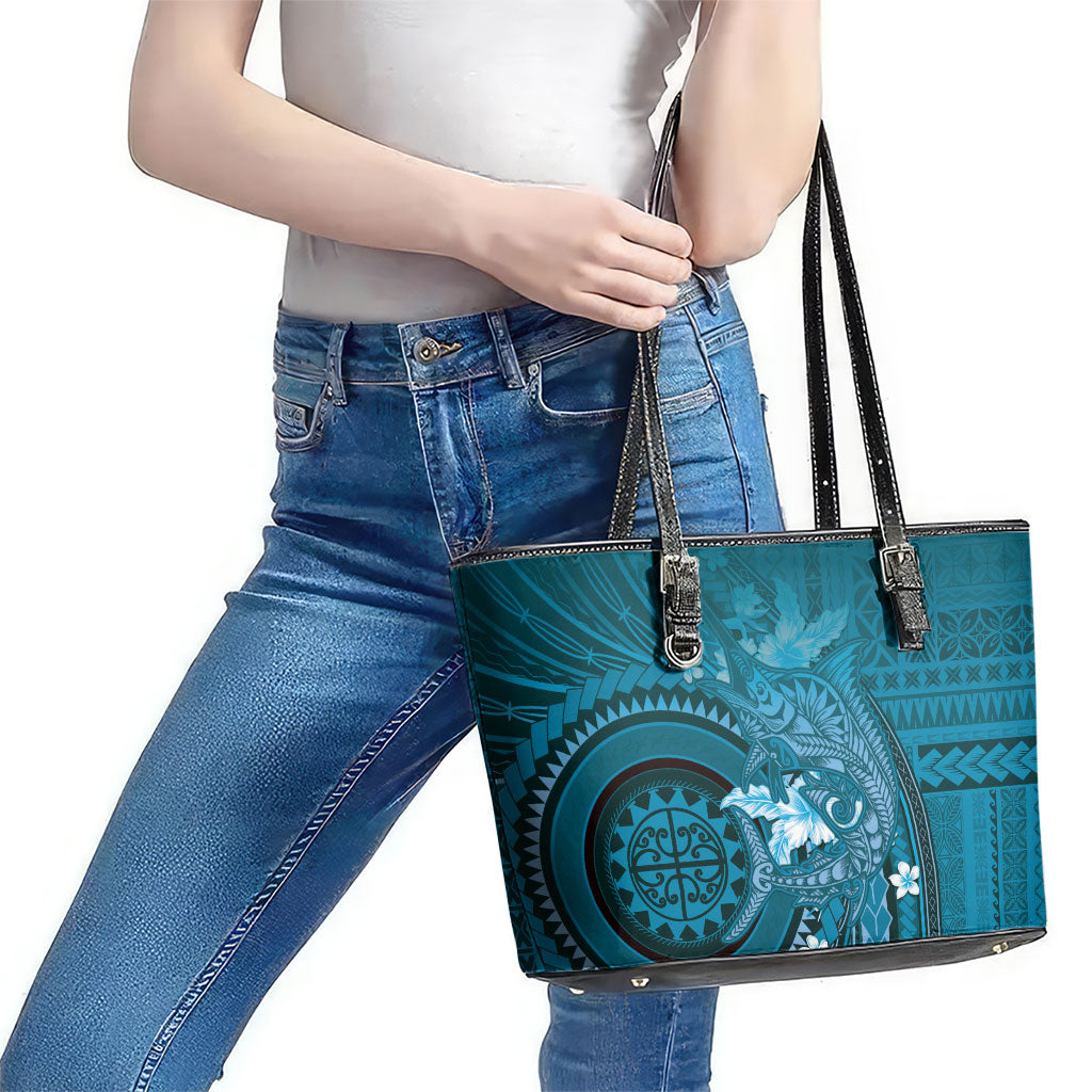 Samoa Tatau Marlin Leather Tote Bag With Siapo Motifs Teal LT05 - Polynesian Pride
