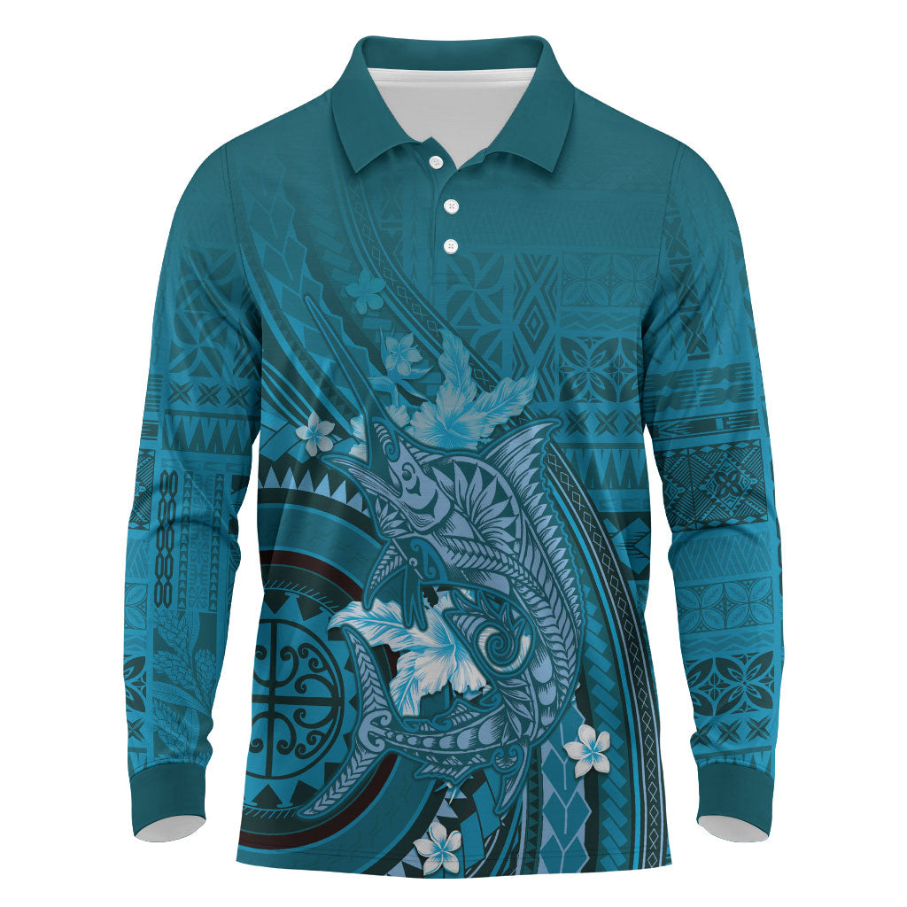 Samoa Tatau Marlin Long Sleeve Polo Shirt With Siapo Motifs Teal