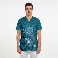 Samoa Tatau Marlin Scrub Top With Siapo Motifs Teal LT05 - Polynesian Pride