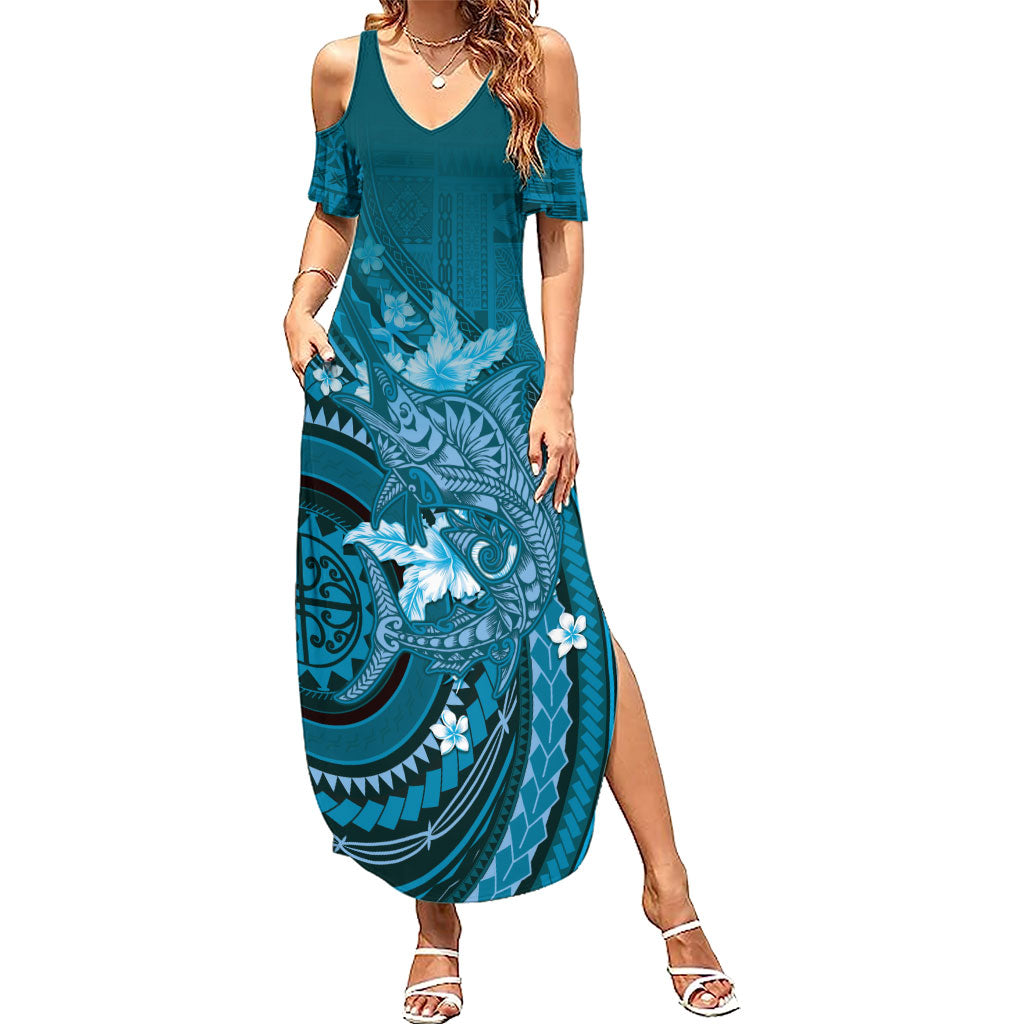 Samoa Tatau Marlin Summer Maxi Dress With Siapo Motifs Teal