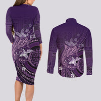 Samoa Tatau Marlin Couples Matching Long Sleeve Bodycon Dress and Long Sleeve Button Shirt With Siapo Motifs Violet