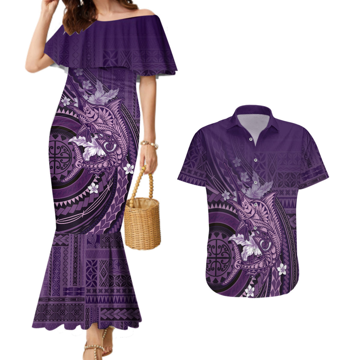 Samoa Tatau Marlin Couples Matching Mermaid Dress and Hawaiian Shirt With Siapo Motifs Violet