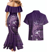 Samoa Tatau Marlin Couples Matching Mermaid Dress and Hawaiian Shirt With Siapo Motifs Violet