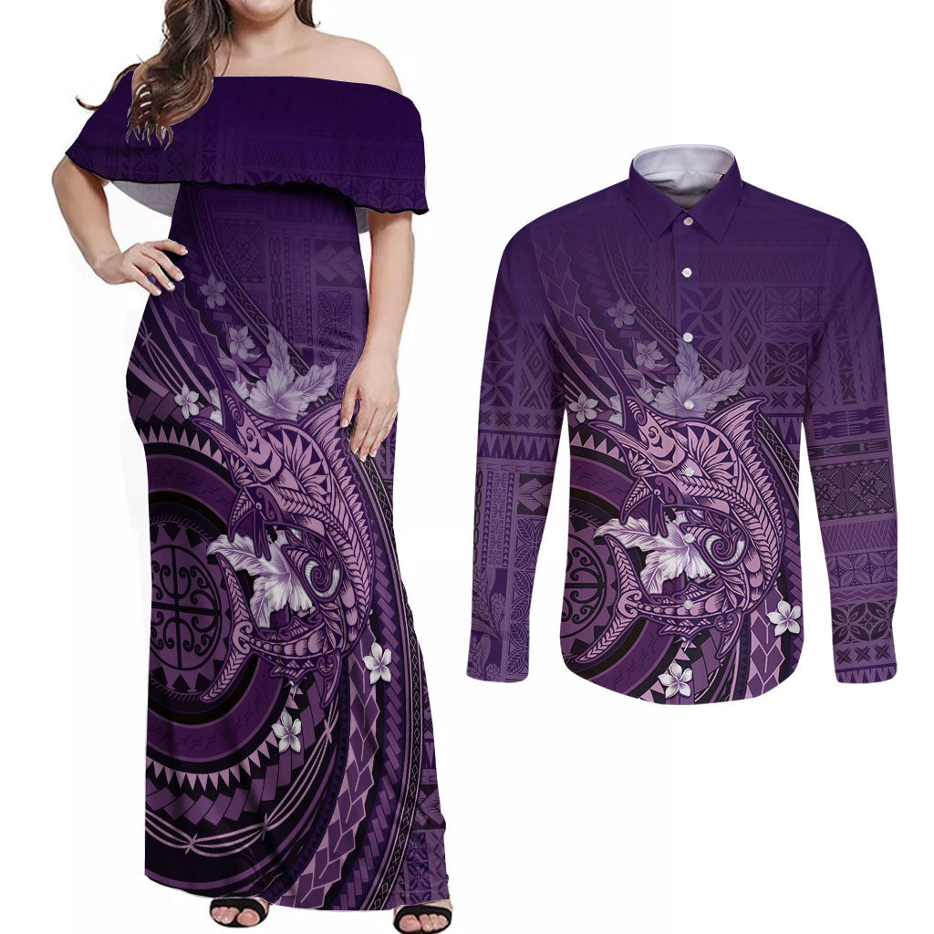 Samoa Tatau Marlin Couples Matching Off Shoulder Maxi Dress and Long Sleeve Button Shirt With Siapo Motifs Violet LT05 Violet - Polynesian Pride