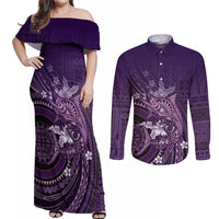 Samoa Tatau Marlin Couples Matching Off Shoulder Maxi Dress and Long Sleeve Button Shirt With Siapo Motifs Violet LT05 Violet - Polynesian Pride