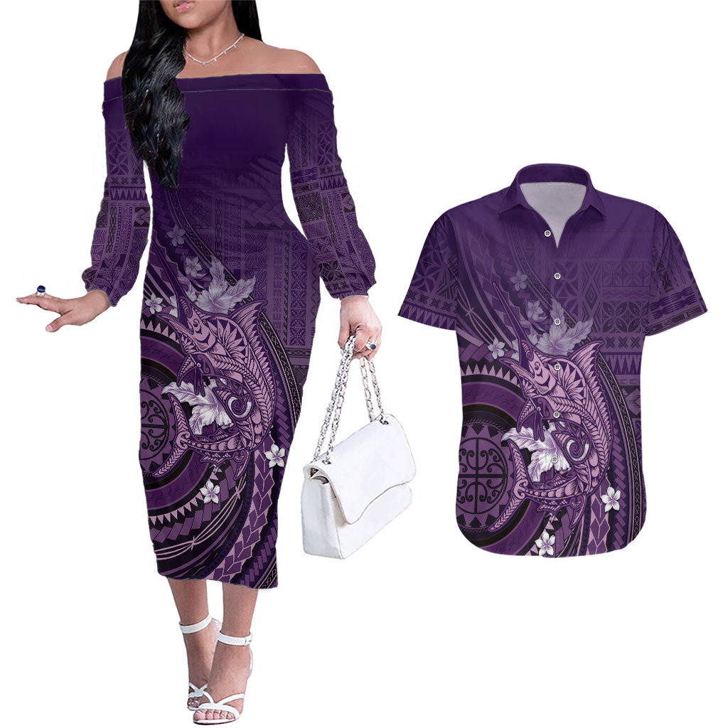 Samoa Tatau Marlin Couples Matching Off The Shoulder Long Sleeve Dress and Hawaiian Shirt With Siapo Motifs Violet