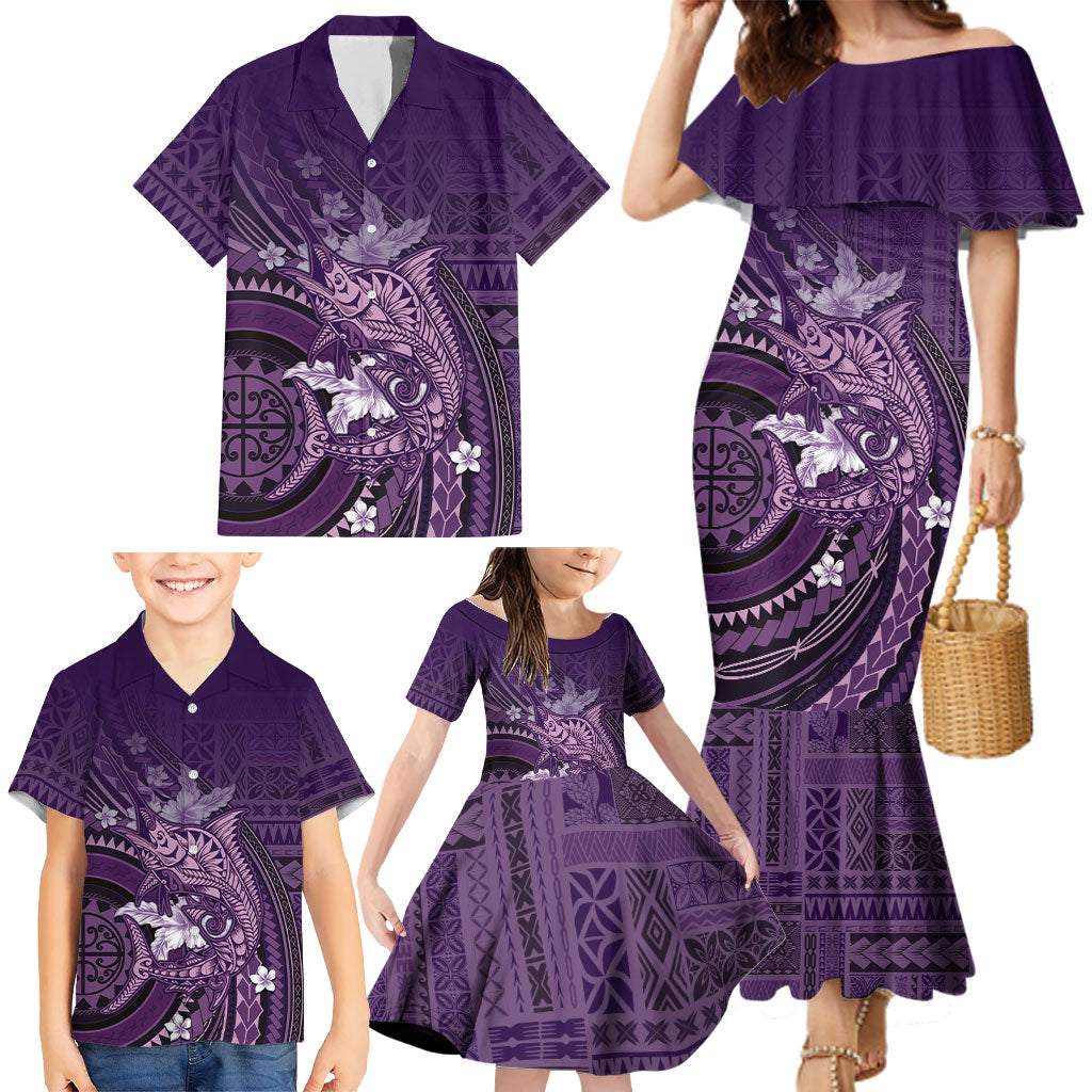 Samoa Tatau Marlin Family Matching Mermaid Dress and Hawaiian Shirt With Siapo Motifs Violet