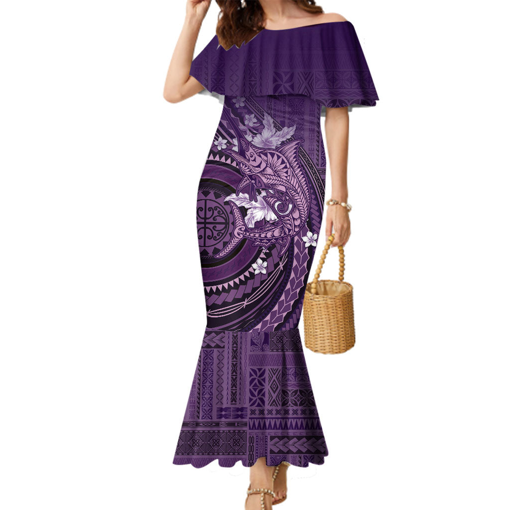 Samoa Tatau Marlin Family Matching Mermaid Dress and Hawaiian Shirt With Siapo Motifs Violet