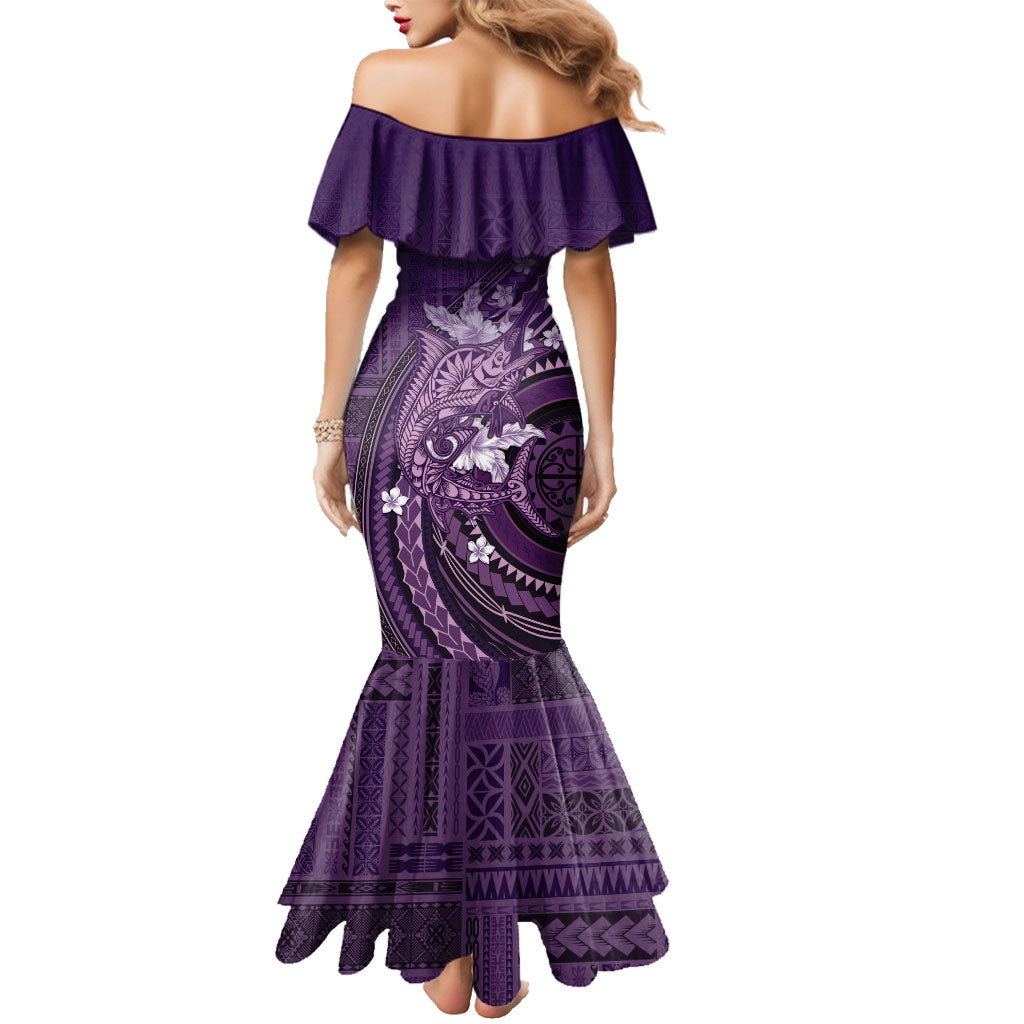 Samoa Tatau Marlin Family Matching Mermaid Dress and Hawaiian Shirt With Siapo Motifs Violet