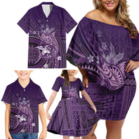 Samoa Tatau Marlin Family Matching Off Shoulder Short Dress and Hawaiian Shirt With Siapo Motifs Violet