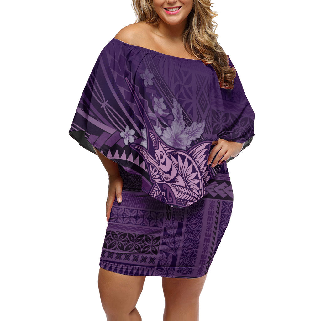 Samoa Tatau Marlin Family Matching Off Shoulder Short Dress and Hawaiian Shirt With Siapo Motifs Violet