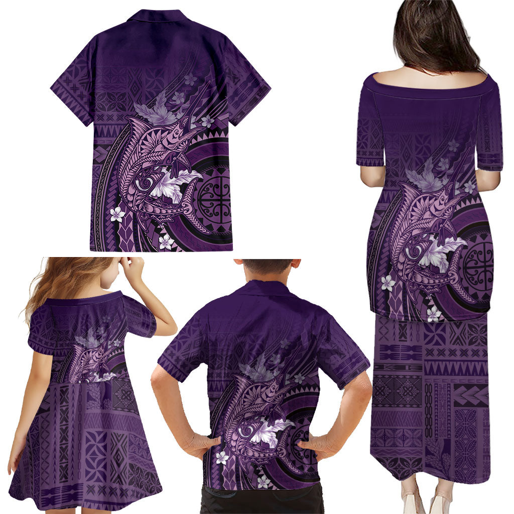 Samoa Tatau Marlin Family Matching Puletasi and Hawaiian Shirt With Siapo Motifs Violet