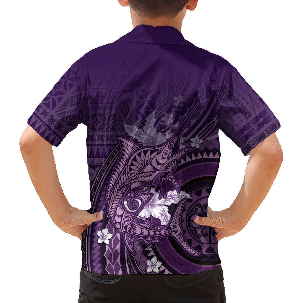 Samoa Tatau Marlin Family Matching Short Sleeve Bodycon Dress and Hawaiian Shirt With Siapo Motifs Violet LT05 - Polynesian Pride