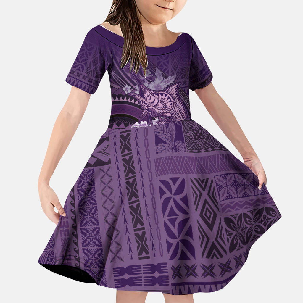 Samoa Tatau Marlin Family Matching Short Sleeve Bodycon Dress and Hawaiian Shirt With Siapo Motifs Violet LT05 Daughter's Dress Violet - Polynesian Pride