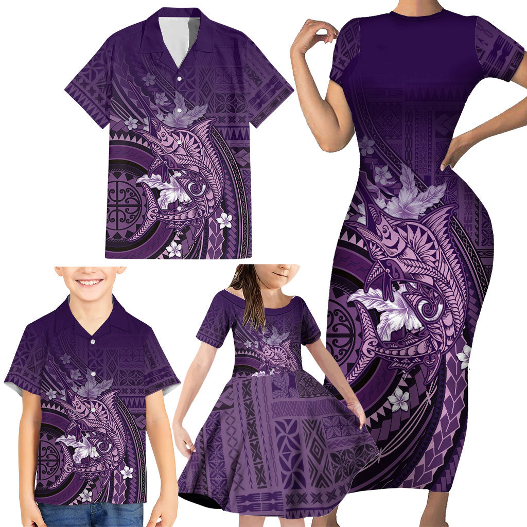 Samoa Tatau Marlin Family Matching Short Sleeve Bodycon Dress and Hawaiian Shirt With Siapo Motifs Violet LT05 - Polynesian Pride
