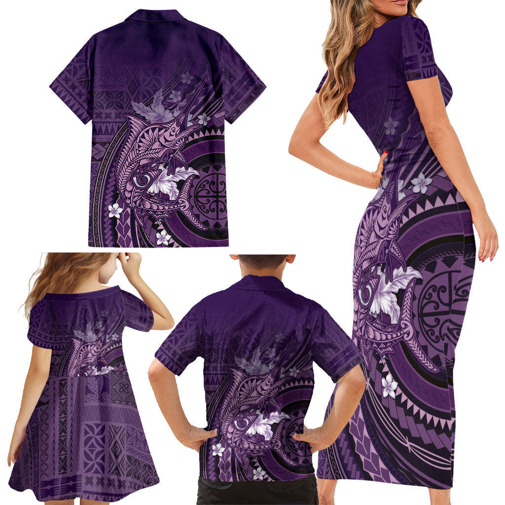 Samoa Tatau Marlin Family Matching Short Sleeve Bodycon Dress and Hawaiian Shirt With Siapo Motifs Violet LT05 - Polynesian Pride