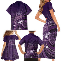 Samoa Tatau Marlin Family Matching Short Sleeve Bodycon Dress and Hawaiian Shirt With Siapo Motifs Violet LT05 - Polynesian Pride
