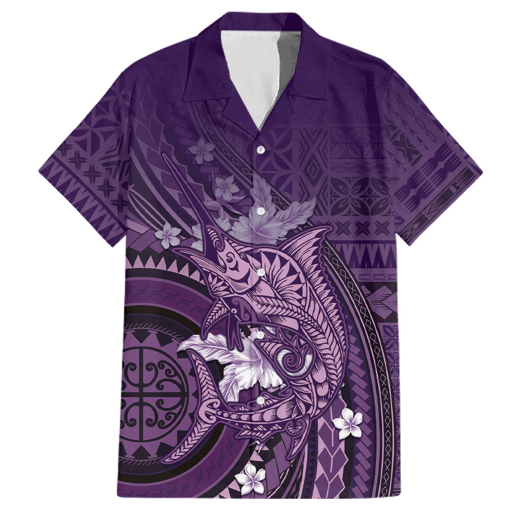 Samoa Tatau Marlin Family Matching Short Sleeve Bodycon Dress and Hawaiian Shirt With Siapo Motifs Violet LT05 Dad's Shirt - Short Sleeve Violet - Polynesian Pride