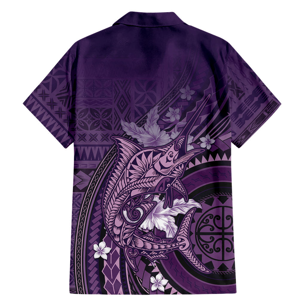 Samoa Tatau Marlin Family Matching Short Sleeve Bodycon Dress and Hawaiian Shirt With Siapo Motifs Violet LT05 - Polynesian Pride