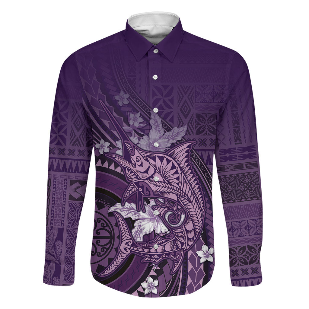 Samoa Tatau Marlin Family Matching Short Sleeve Bodycon Dress and Hawaiian Shirt With Siapo Motifs Violet LT05 Dad's Shirt - Long Sleeve Violet - Polynesian Pride