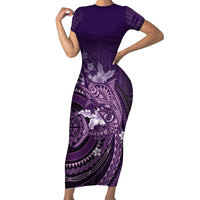 Samoa Tatau Marlin Family Matching Short Sleeve Bodycon Dress and Hawaiian Shirt With Siapo Motifs Violet LT05 Mom's Dress Violet - Polynesian Pride