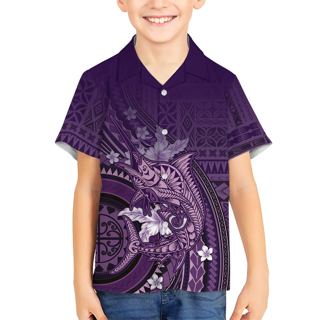 Samoa Tatau Marlin Family Matching Short Sleeve Bodycon Dress and Hawaiian Shirt With Siapo Motifs Violet LT05 Son's Shirt Violet - Polynesian Pride