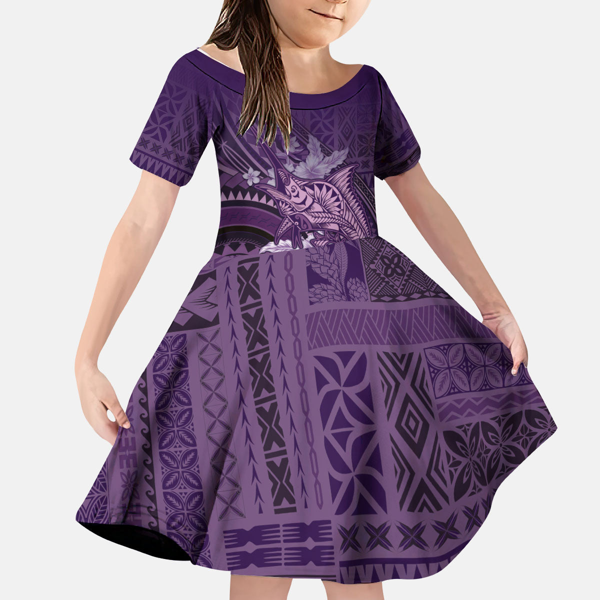 Samoa Tatau Marlin Kid Short Sleeve Dress With Siapo Motifs Violet