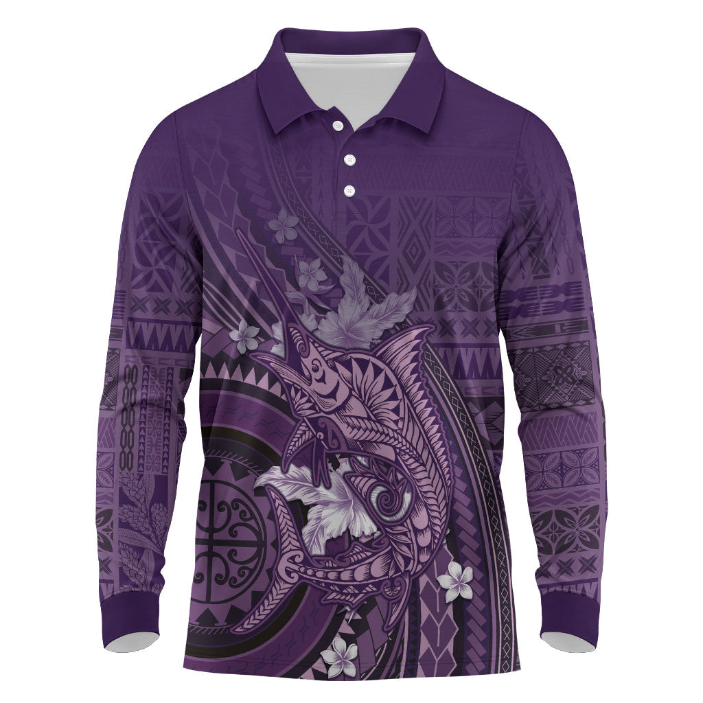 Samoa Tatau Marlin Long Sleeve Polo Shirt With Siapo Motifs Violet