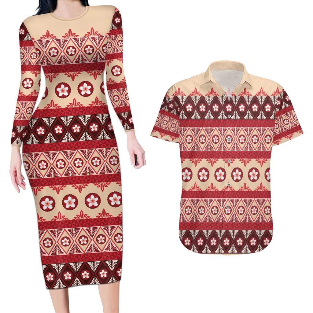 Tonga Language Week Couples Matching Long Sleeve Bodycon Dress and Hawaiian Shirt Lea Faka-Tonga Everyday LT05 Beige - Polynesian Pride