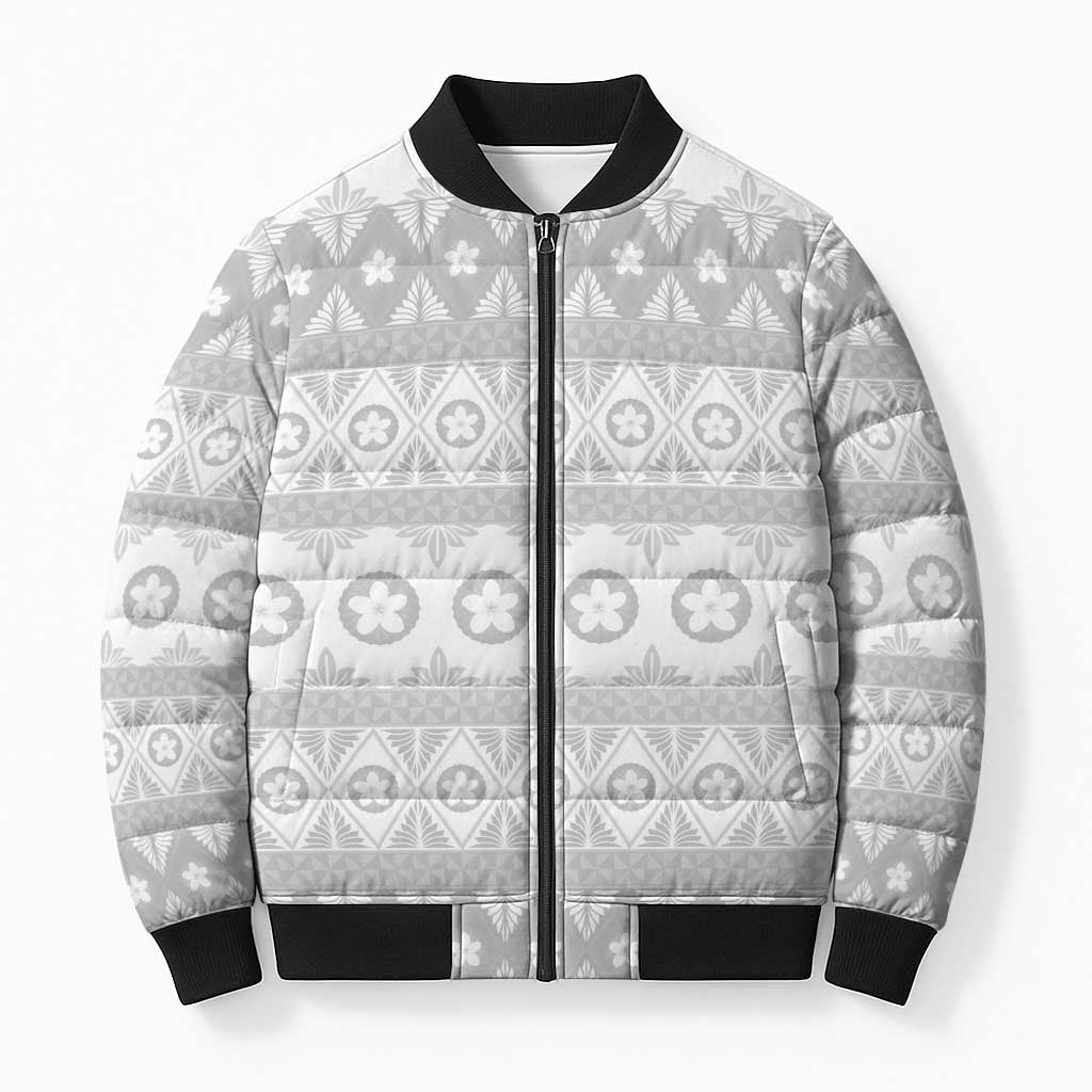 Tonga White Sunday Bomber Puffer Jacket Tongan Ngatu Siale Pattern LT05 Unisex White - Polynesian Pride