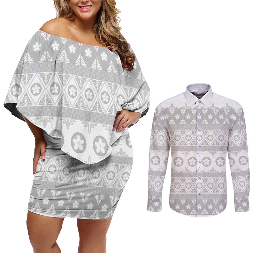 Tonga White Sunday Couples Matching Off Shoulder Short Dress and Long Sleeve Button Shirt Tongan Ngatu Siale Pattern - Polynesian Pride