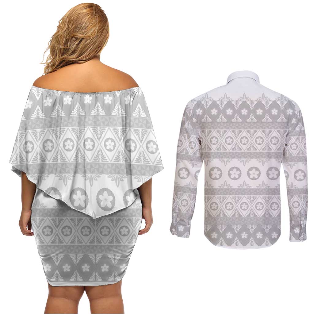Tonga White Sunday Couples Matching Off Shoulder Short Dress and Long Sleeve Button Shirt Tongan Ngatu Siale Pattern - Polynesian Pride