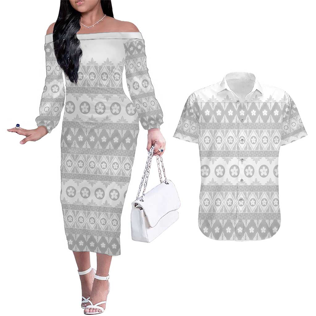 Tonga White Sunday Couples Matching Off The Shoulder Long Sleeve Dress and Hawaiian Shirt Tongan Ngatu Siale Pattern - Polynesian Pride