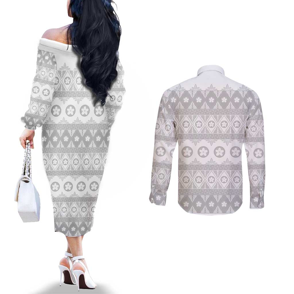 Tonga White Sunday Couples Matching Off The Shoulder Long Sleeve Dress and Long Sleeve Button Shirt Tongan Ngatu Siale Pattern - Polynesian Pride