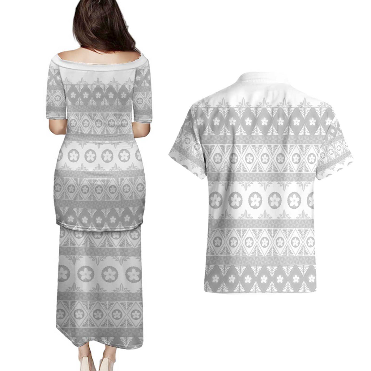 Tonga White Sunday Couples Matching Puletasi and Hawaiian Shirt Tongan Ngatu Siale Pattern - Polynesian Pride